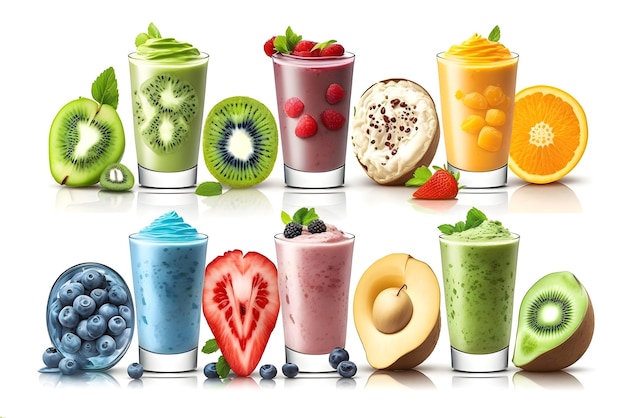 Collection of colorful delicious fruit smoothies isolated on white background Neural network AI generated