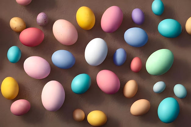 A collection of colorful easter eggs on a brown background.