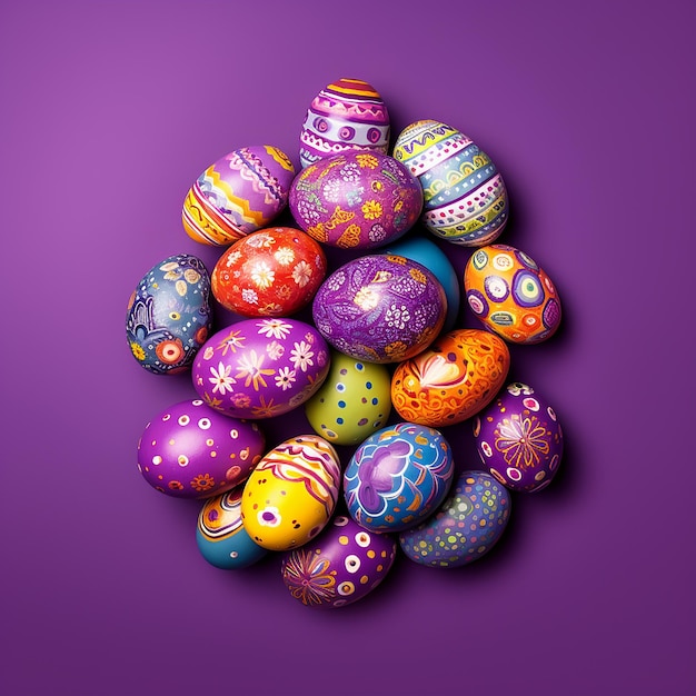 A collection of colorful easter eggs on a purple background