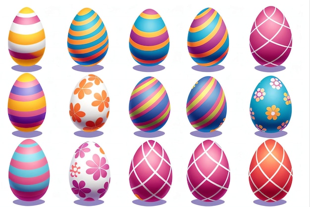 A collection of colorful easter eggs with different colors and patterns.