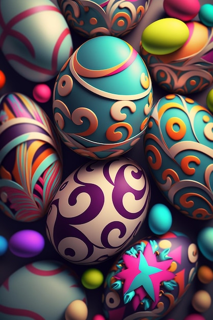 A collection of colorful easter eggs with the number 8 on the bottom.