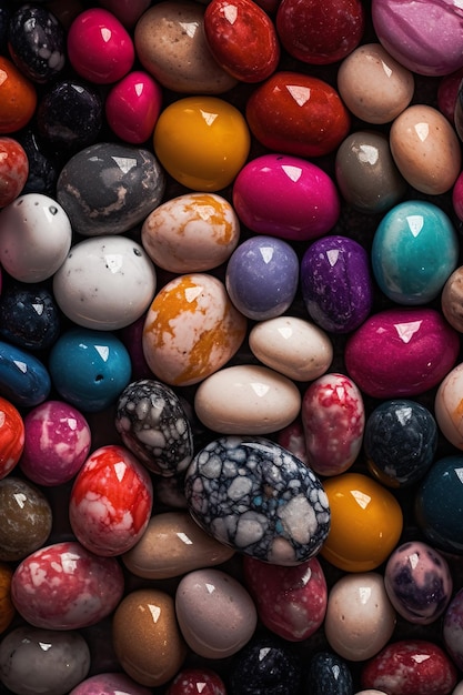 A collection of colorful eggs are stacked on top of each other.