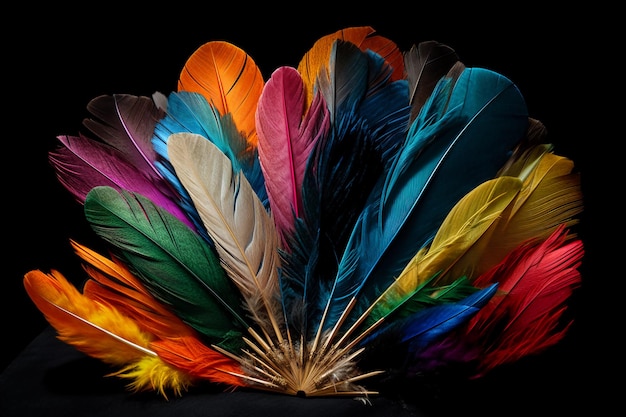 A collection of colorful feathers dark background