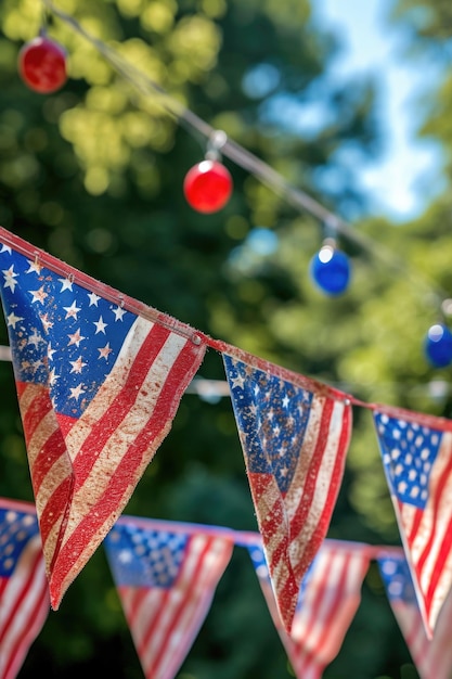 Photo a collection of colorful flags hanging from a string can be used to add a festive touch to any celebration or event