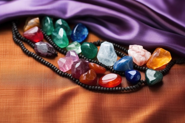 Foto collezione di pietre preziose colorate su seta