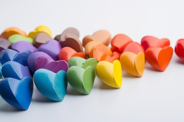 A collection of colorful hearts are laid out on a white surface.