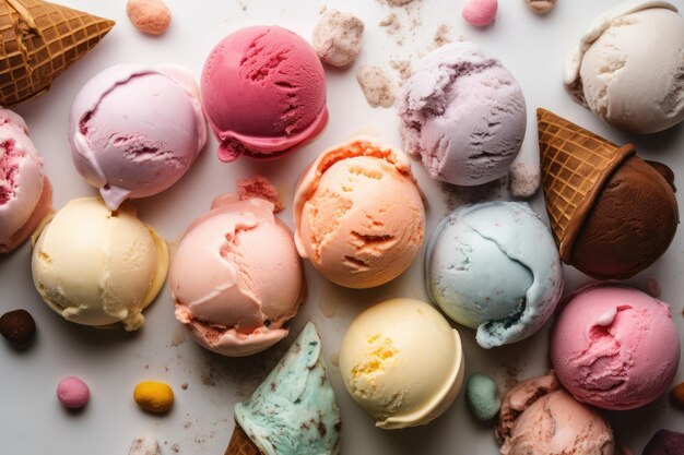 A collection of colorful ice creams on a table with one that says'ice cream'on it