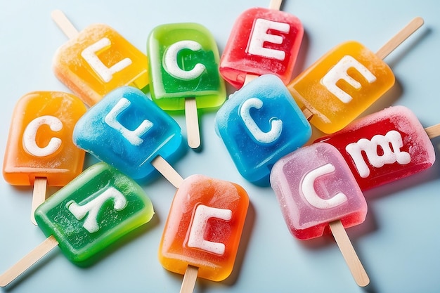 A collection of colorful ice lolly pops with the word ice on them