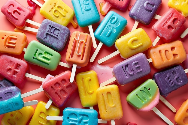 A collection of colorful ice lolly pops with the word ice on them