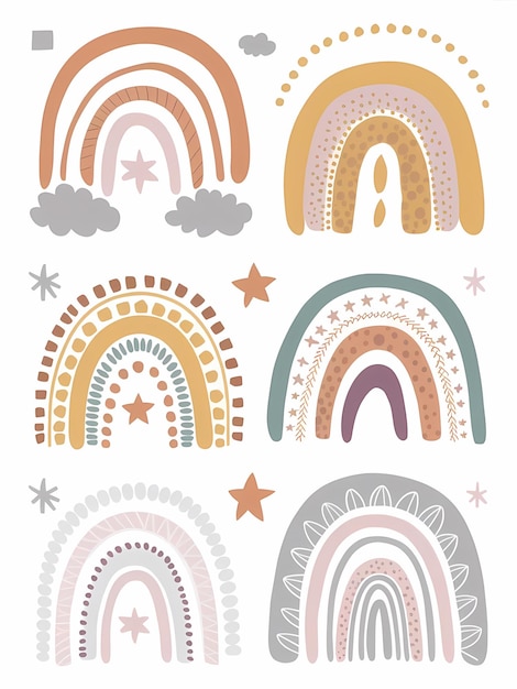 a collection of colorful illustrations including a rainbow