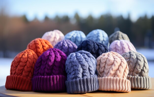 A collection of colorful knitted hats arranged neatly on a rustic wooden table