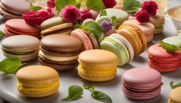 a collection of colorful macarons with flowers and a pink flower