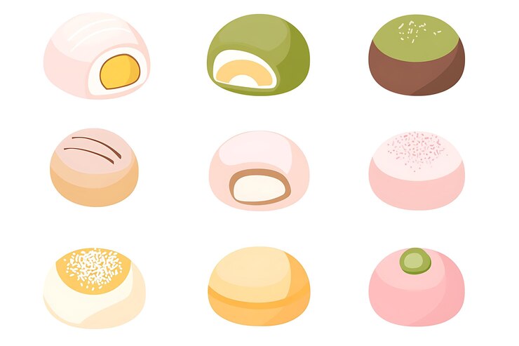 Photo collection of colorful mochi with different flavors and toppings