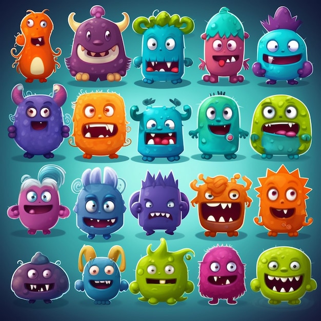 a collection of colorful monsters with different expressions.