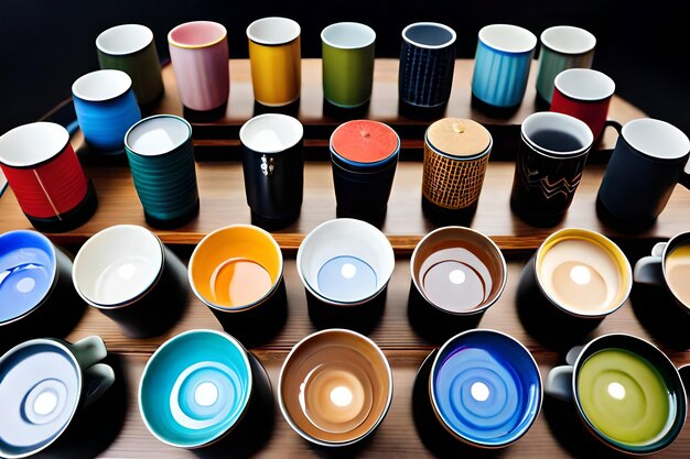 Photo a collection of colorful mugs, one of which has the word 