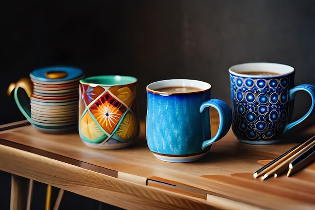 a collection of colorful mugs on a table with a pen and a pen.