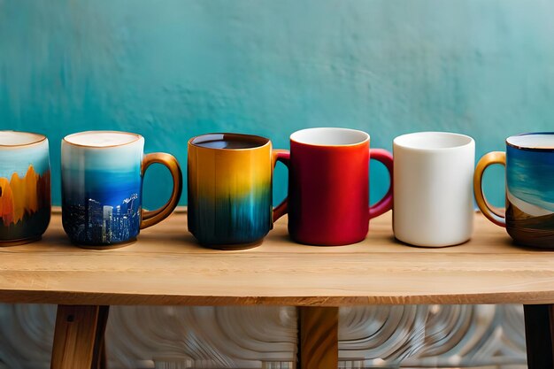 Photo a collection of colorful mugs on a table.