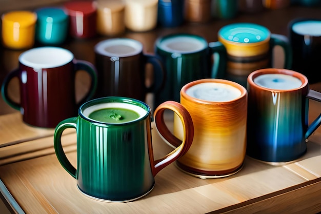 a collection of colorful mugs with a green candle in the middle.