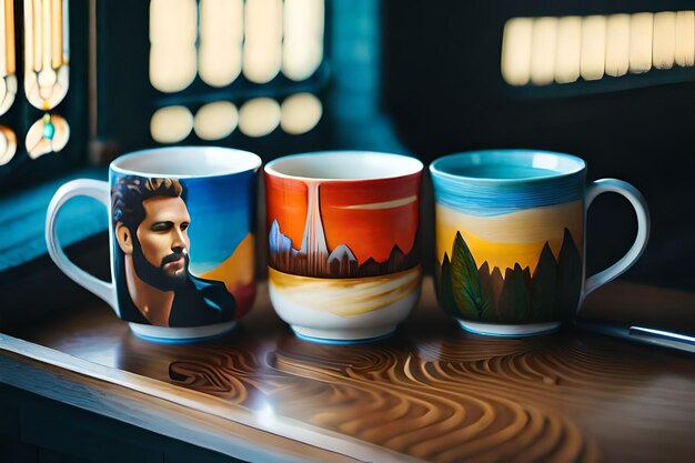 a collection of colorful mugs with mountains and mountains on them.