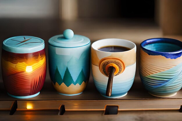 A collection of colorful mugs with a wooden handle and a wooden spoon in the middle