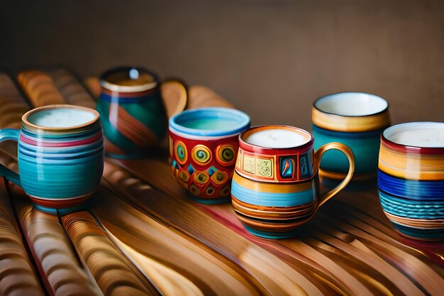 a collection of colorful mugs with the word " no " on them.