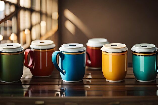 a collection of colorful mugs with the words " coffee " on them.