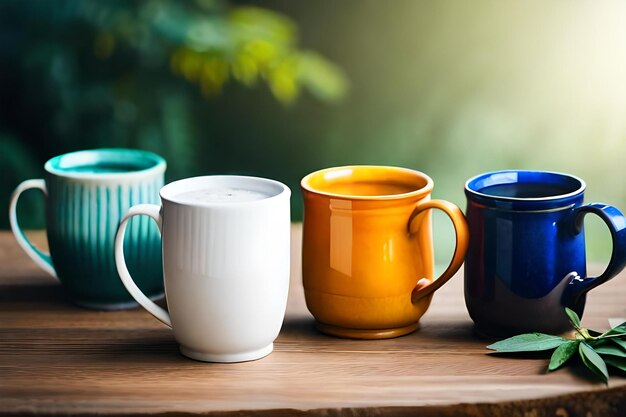 A collection of colorful mugs on a wooden table.