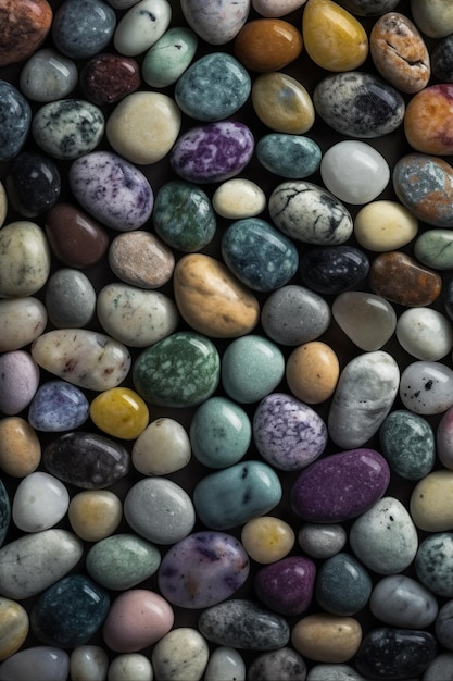 A collection of colorful pebbles are arranged in a black background.