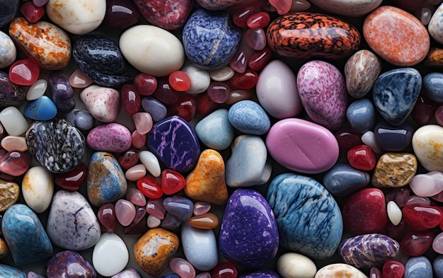 A collection of colorful pebbles including one that is made by the company.