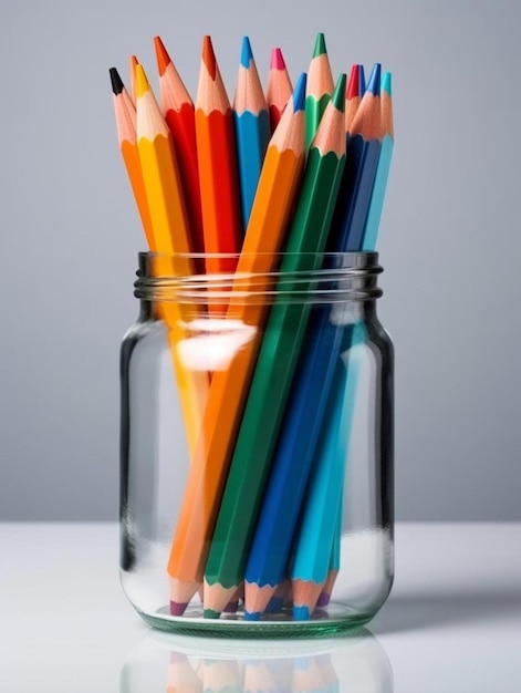 Collection of colorful pencils stacked in glass jar placed on table against gray background