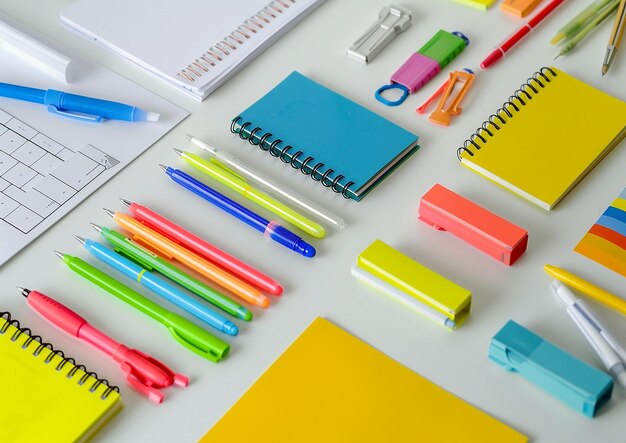 Коллекция красочных карандашей, тетрадей и ручки на столе.