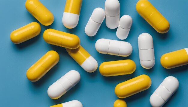 A collection of colorful pills on a blue background