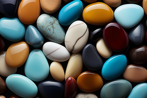 A collection of colorful pills including one that says'the word, "