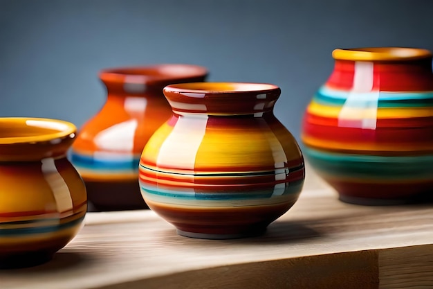 A collection of colorful pottery by the artist.