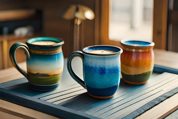 a collection of colorful pottery by the artist