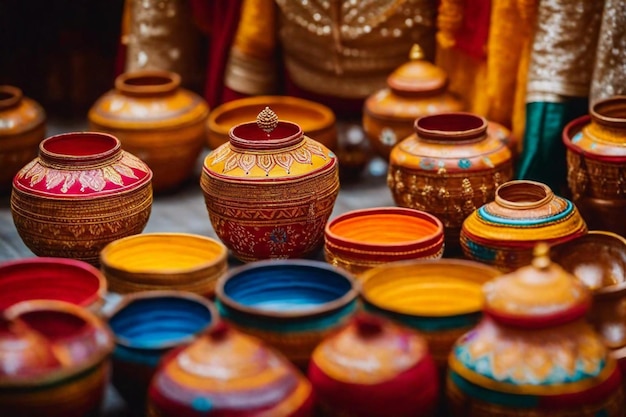 a collection of colorful pottery including one that has the number 3 on it