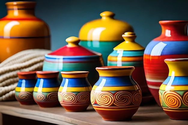 A collection of colorful pottery on a shelf with the word art on the front