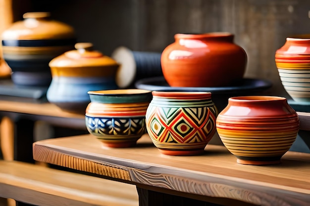 a collection of colorful pottery on a wooden table.