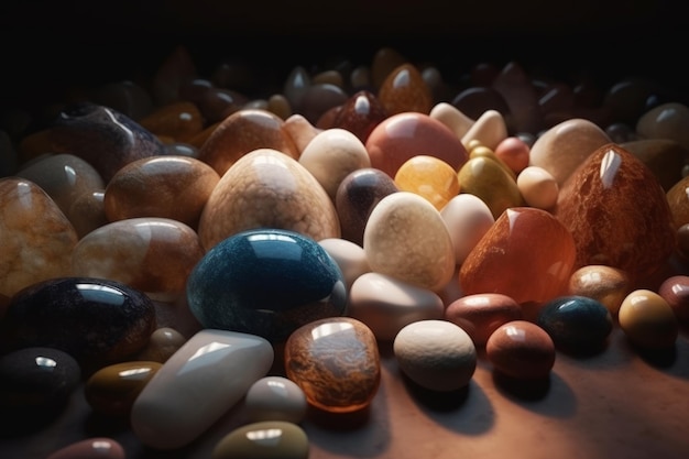 A collection of colorful rocks are arranged on a table.