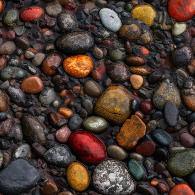 A collection of colorful rocks are piled up on a beach.