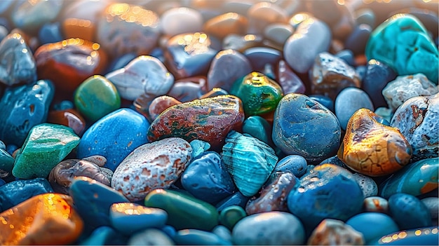 a collection of colorful rocks in a bowl with a blue stone