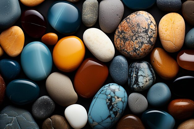 A collection of colorful rocks including one that has a rainbow colored top.
