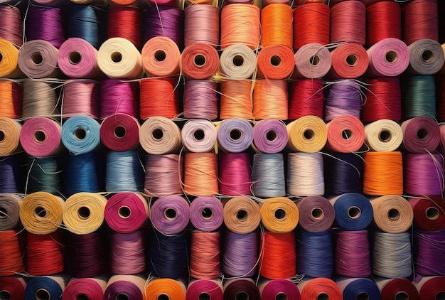 a collection of colorful spools of thread in the style of vibrant stage backdrops