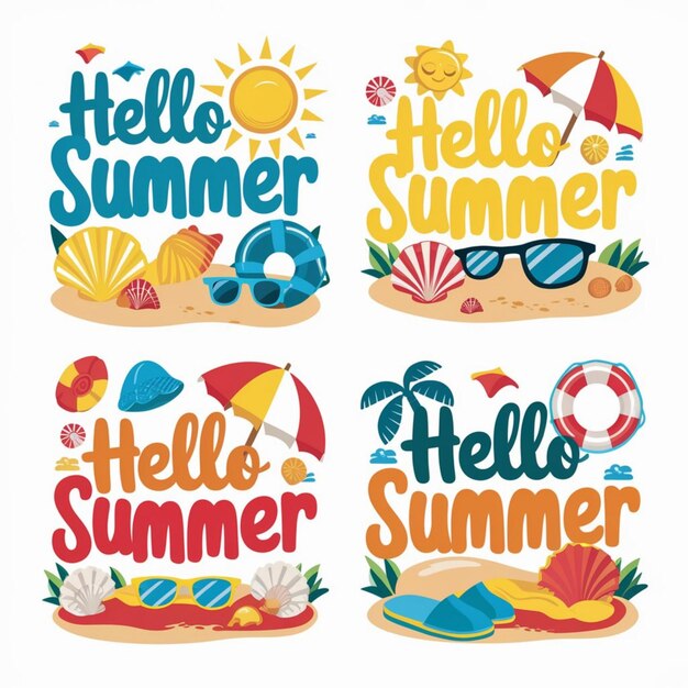 Photo a collection of colorful stickers with the words hello summer on them
