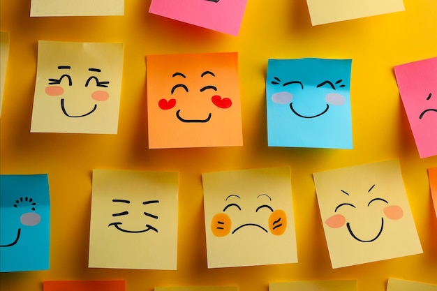 A collection of colorful sticky notes with various facial expressions