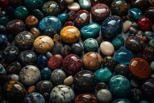 A collection of colorful stones on a white background