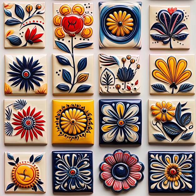 a collection of colorful tiles with flowers and the word sun