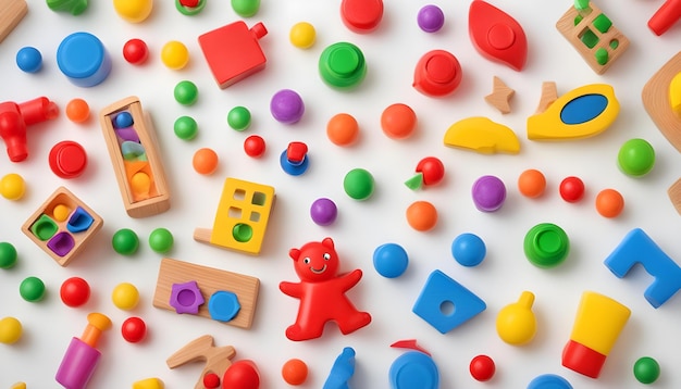 a collection of colorful toys including one of them has a red toy