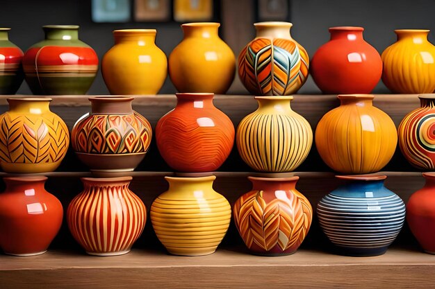 A collection of colorful vases are on display on a shelf.