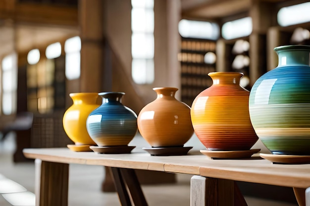 A collection of colorful vases are on a table.